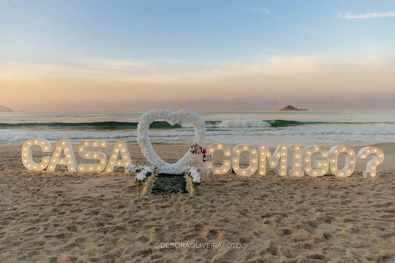 Heart-shaped marriage proposal decoration on the beach in Rio de Janeiro