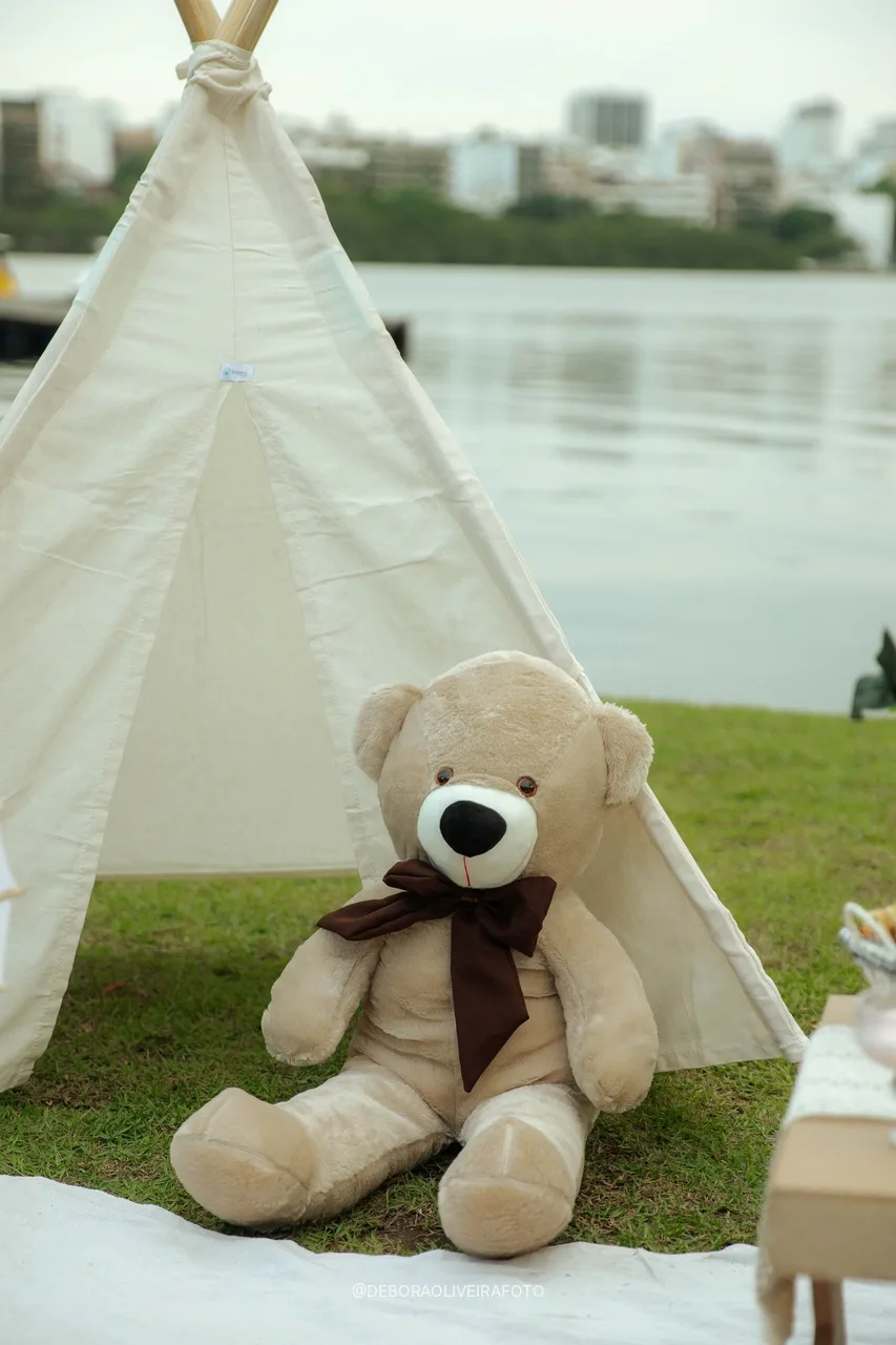 Urso de pelúcia dentro da tenda do piquenique